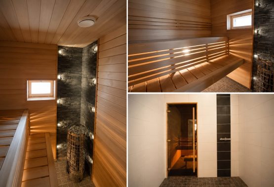 Kaasaegne puidust siseviimistlusega leiliruum ja pesuruum pärast sauna ehitust.