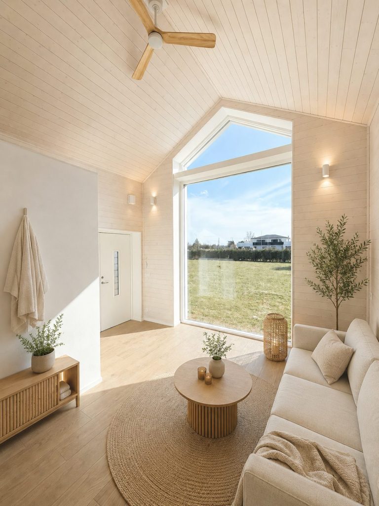 Kaasaegne sauna eesruum heleda puitviimistluse ja minimalistliku sisustusega